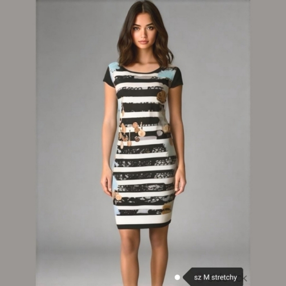 CRISTYN & co black white striped floral dress sz M